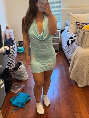 Light Blue Cowl Neck Mini Dress with Star Embellishments
